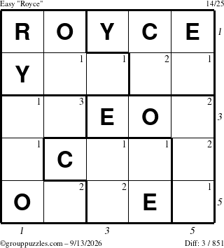 The grouppuzzles.com Easy Royce puzzle for Sunday September 13, 2026 with all 3 steps marked