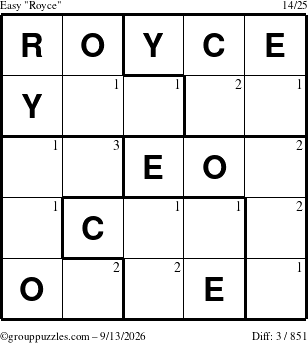 The grouppuzzles.com Easy Royce puzzle for Sunday September 13, 2026 with the first 3 steps marked