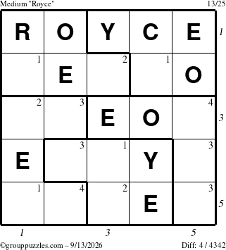 The grouppuzzles.com Medium Royce puzzle for Sunday September 13, 2026, suitable for printing, with all 4 steps marked