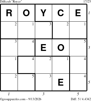 The grouppuzzles.com Difficult Royce puzzle for Sunday September 13, 2026 with all 5 steps marked