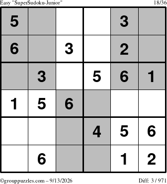 The grouppuzzles.com Easy SuperSudoku-Junior puzzle for Sunday September 13, 2026