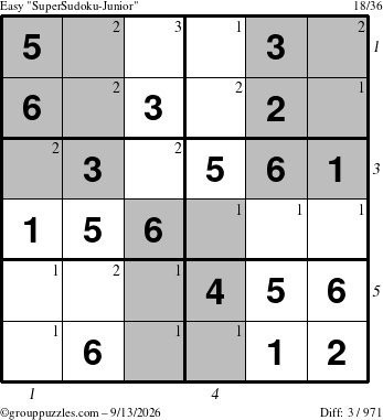 The grouppuzzles.com Easy SuperSudoku-Junior puzzle for Sunday September 13, 2026, suitable for printing, with all 3 steps marked