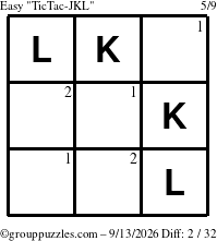 The grouppuzzles.com Easy TicTac-JKL puzzle for Sunday September 13, 2026 with the first 2 steps marked