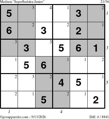 The grouppuzzles.com Medium SuperSudoku-Junior puzzle for Sunday September 13, 2026, suitable for printing, with all 4 steps marked