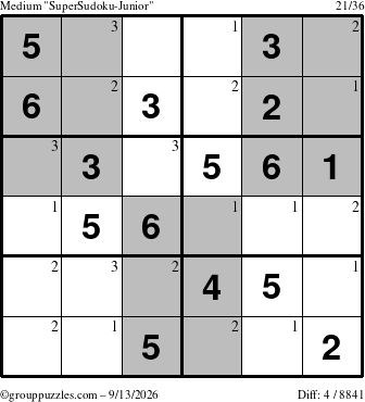 The grouppuzzles.com Medium SuperSudoku-Junior puzzle for Sunday September 13, 2026 with the first 3 steps marked