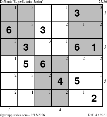 The grouppuzzles.com Difficult SuperSudoku-Junior puzzle for Sunday September 13, 2026, suitable for printing, with all 4 steps marked