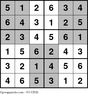 The grouppuzzles.com Answer grid for the SuperSudoku-Junior puzzle for Sunday September 13, 2026