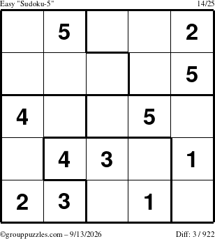 The grouppuzzles.com Easy Sudoku-5 puzzle for Sunday September 13, 2026