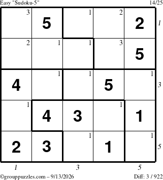 The grouppuzzles.com Easy Sudoku-5 puzzle for Sunday September 13, 2026 with all 3 steps marked