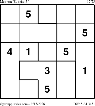 The grouppuzzles.com Medium Sudoku-5 puzzle for Sunday September 13, 2026