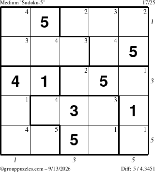 The grouppuzzles.com Medium Sudoku-5 puzzle for Sunday September 13, 2026 with all 5 steps marked