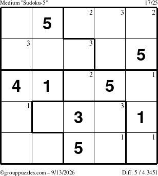 The grouppuzzles.com Medium Sudoku-5 puzzle for Sunday September 13, 2026 with the first 3 steps marked