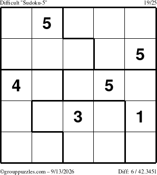 The grouppuzzles.com Difficult Sudoku-5 puzzle for Sunday September 13, 2026