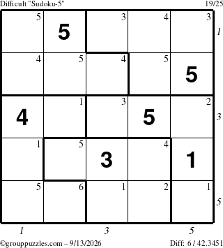 The grouppuzzles.com Difficult Sudoku-5 puzzle for Sunday September 13, 2026 with all 6 steps marked