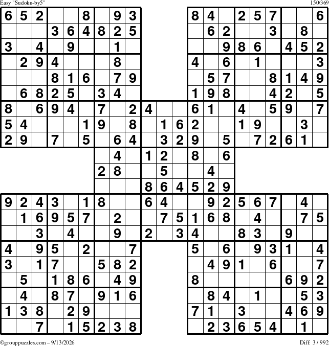 The grouppuzzles.com Easy Sudoku-by5 puzzle for Sunday September 13, 2026