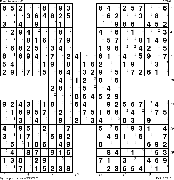 The grouppuzzles.com Easy Sudoku-by5 puzzle for Sunday September 13, 2026 with all 3 steps marked