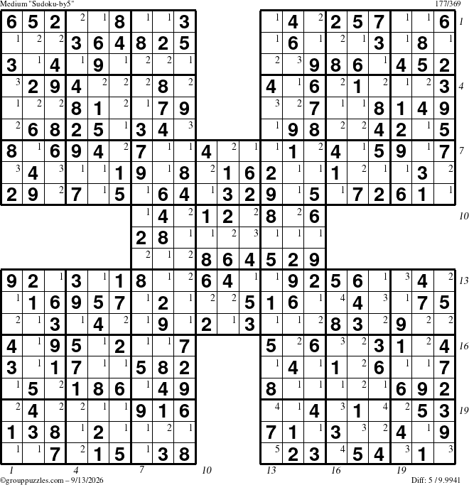 The grouppuzzles.com Medium Sudoku-by5 puzzle for Sunday September 13, 2026 with all 5 steps marked
