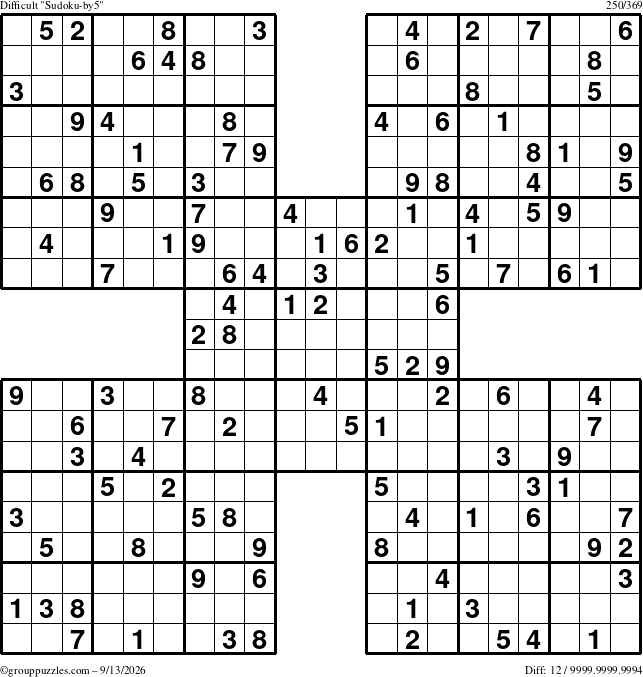 The grouppuzzles.com Difficult Sudoku-by5 puzzle for Sunday September 13, 2026