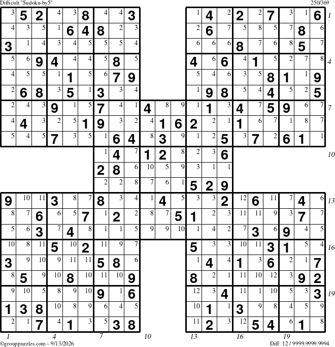 The grouppuzzles.com Difficult Sudoku-by5 puzzle for Sunday September 13, 2026 with all 12 steps marked
