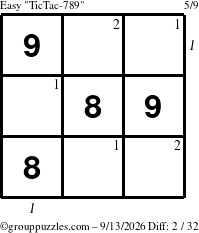 The grouppuzzles.com Easy TicTac-789 puzzle for Sunday September 13, 2026 with all 2 steps marked