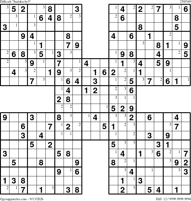 The grouppuzzles.com Difficult Sudoku-by5 puzzle for Sunday September 13, 2026 with the first 3 steps marked