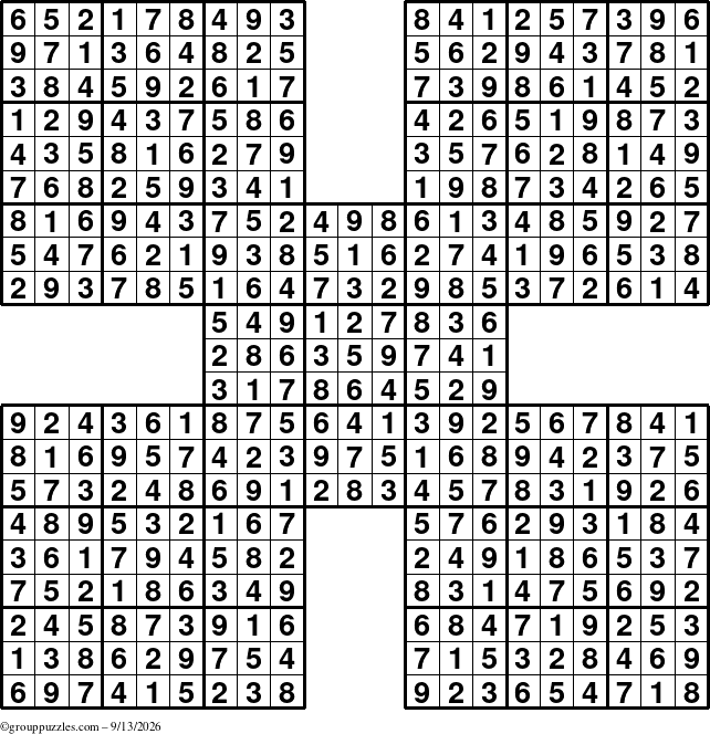 The grouppuzzles.com Answer grid for the Sudoku-by5 puzzle for Sunday September 13, 2026
