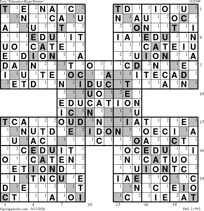 The grouppuzzles.com Easy Education-HyperXtreme puzzle for Sunday September 13, 2026, suitable for printing, with all 3 steps marked