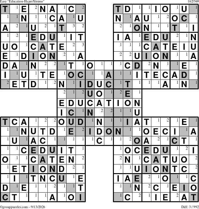 The grouppuzzles.com Easy Education-HyperXtreme puzzle for Sunday September 13, 2026 with the first 3 steps marked