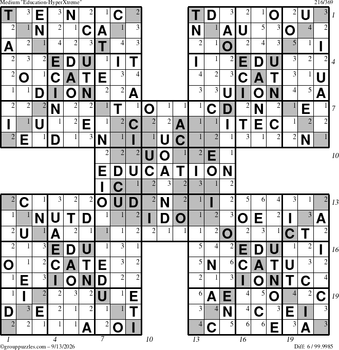 The grouppuzzles.com Medium Education-HyperXtreme puzzle for Sunday September 13, 2026, suitable for printing, with all 6 steps marked