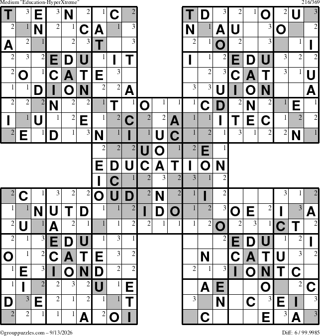 The grouppuzzles.com Medium Education-HyperXtreme puzzle for Sunday September 13, 2026 with the first 3 steps marked