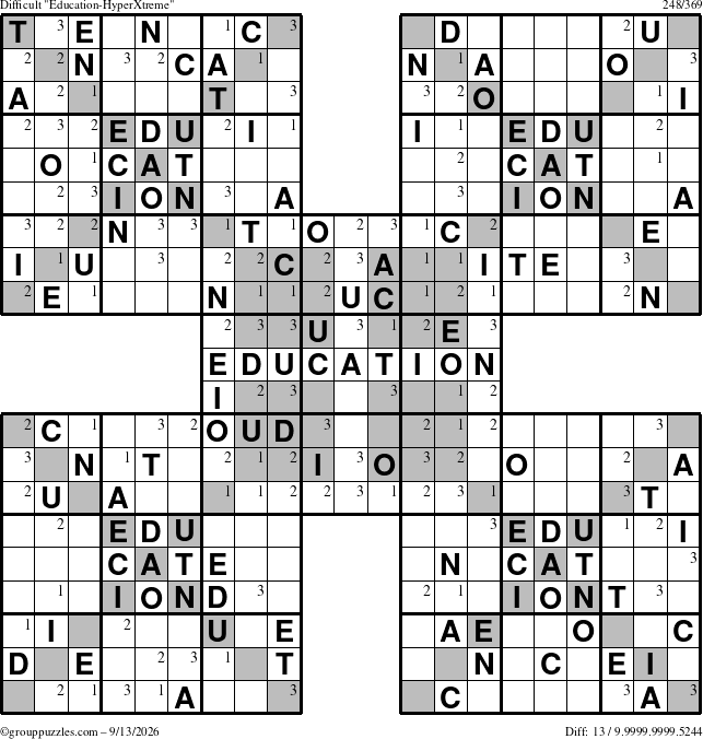 The grouppuzzles.com Difficult Education-HyperXtreme puzzle for Sunday September 13, 2026 with the first 3 steps marked