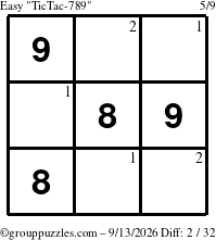 The grouppuzzles.com Easy TicTac-789 puzzle for Sunday September 13, 2026 with the first 2 steps marked