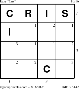 The grouppuzzles.com Easy Cris puzzle for Monday March 16, 2026, suitable for printing, with all 3 steps marked