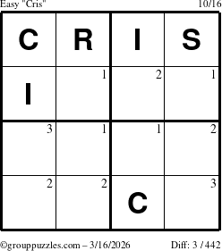 The grouppuzzles.com Easy Cris puzzle for Monday March 16, 2026 with the first 3 steps marked