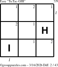The grouppuzzles.com Easy TicTac-GHI puzzle for Monday March 16, 2026 with all 2 steps marked