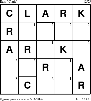 The grouppuzzles.com Easy Clark puzzle for Monday March 16, 2026 with the first 3 steps marked