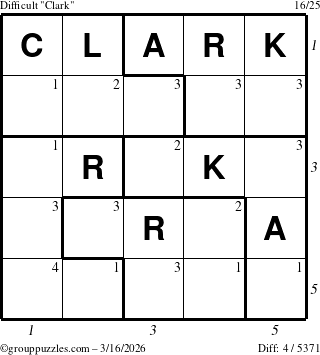The grouppuzzles.com Difficult Clark puzzle for Monday March 16, 2026 with all 4 steps marked