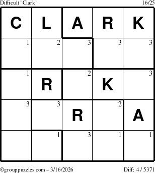 The grouppuzzles.com Difficult Clark puzzle for Monday March 16, 2026 with the first 3 steps marked
