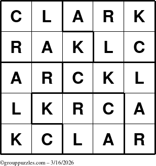 The grouppuzzles.com Answer grid for the Clark puzzle for Monday March 16, 2026