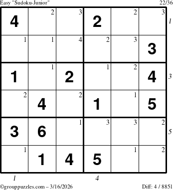 The grouppuzzles.com Easy Sudoku-Junior puzzle for Monday March 16, 2026, suitable for printing, with all 4 steps marked