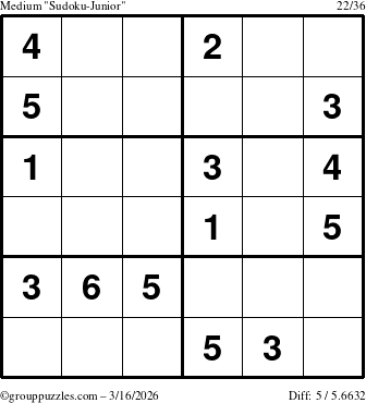 The grouppuzzles.com Medium Sudoku-Junior puzzle for Monday March 16, 2026