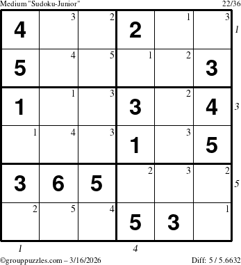 The grouppuzzles.com Medium Sudoku-Junior puzzle for Monday March 16, 2026, suitable for printing, with all 5 steps marked