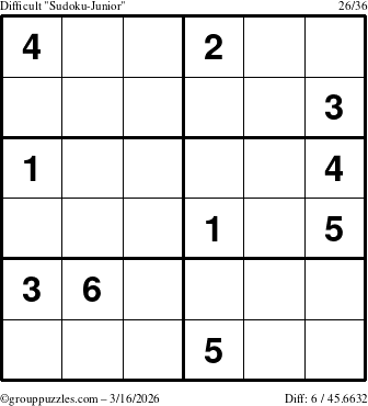 The grouppuzzles.com Difficult Sudoku-Junior puzzle for Monday March 16, 2026