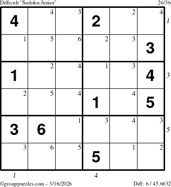 The grouppuzzles.com Difficult Sudoku-Junior puzzle for Monday March 16, 2026, suitable for printing, with all 6 steps marked