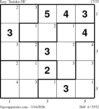 The grouppuzzles.com Easy Sudoku-5B puzzle for Monday March 16, 2026, suitable for printing, with all 4 steps marked