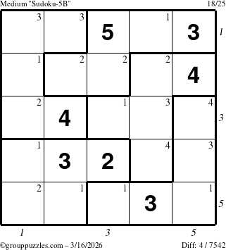 The grouppuzzles.com Medium Sudoku-5B puzzle for Monday March 16, 2026, suitable for printing, with all 4 steps marked