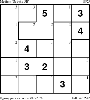 The grouppuzzles.com Medium Sudoku-5B puzzle for Monday March 16, 2026 with the first 3 steps marked