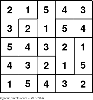 The grouppuzzles.com Answer grid for the Sudoku-5B puzzle for Monday March 16, 2026