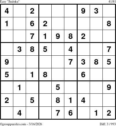 The grouppuzzles.com Easy Sudoku puzzle for Monday March 16, 2026