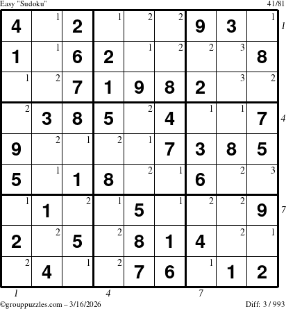 The grouppuzzles.com Easy Sudoku puzzle for Monday March 16, 2026, suitable for printing, with all 3 steps marked